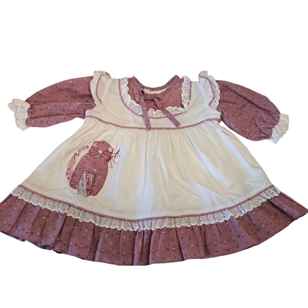 Vintage Peaches N Cream Baby Dress 6M Mauve Prairie Pinafore Ruffle Cat Applique